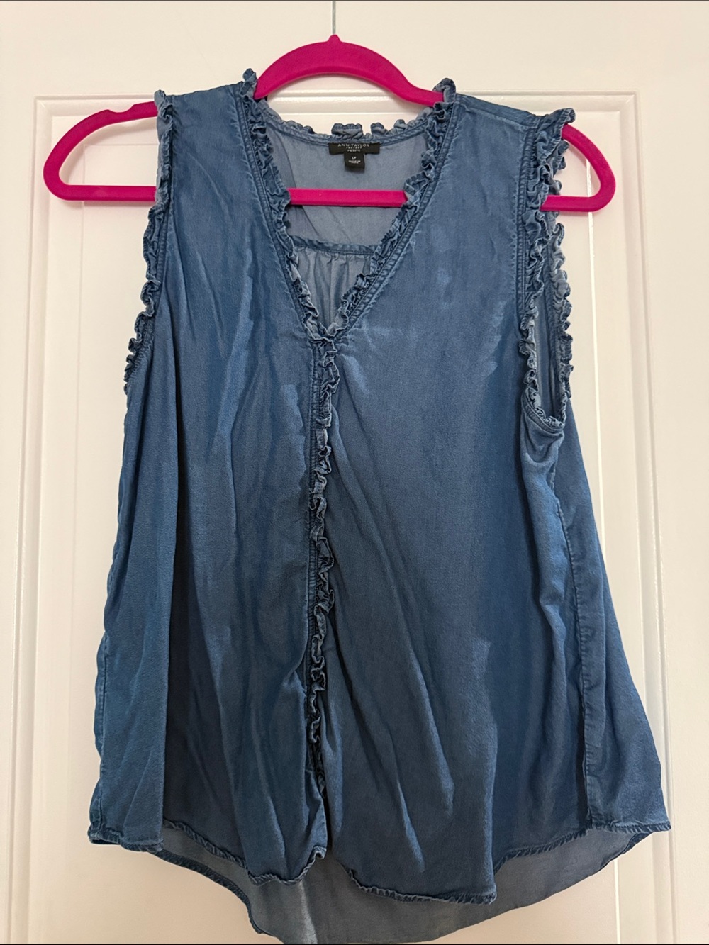 Ann Taylor  Blue Ruffled V-Neck Sleeveless Top